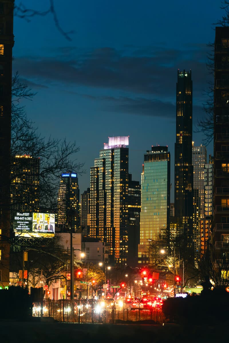 Downtown Brooklyn skyline lit up at night