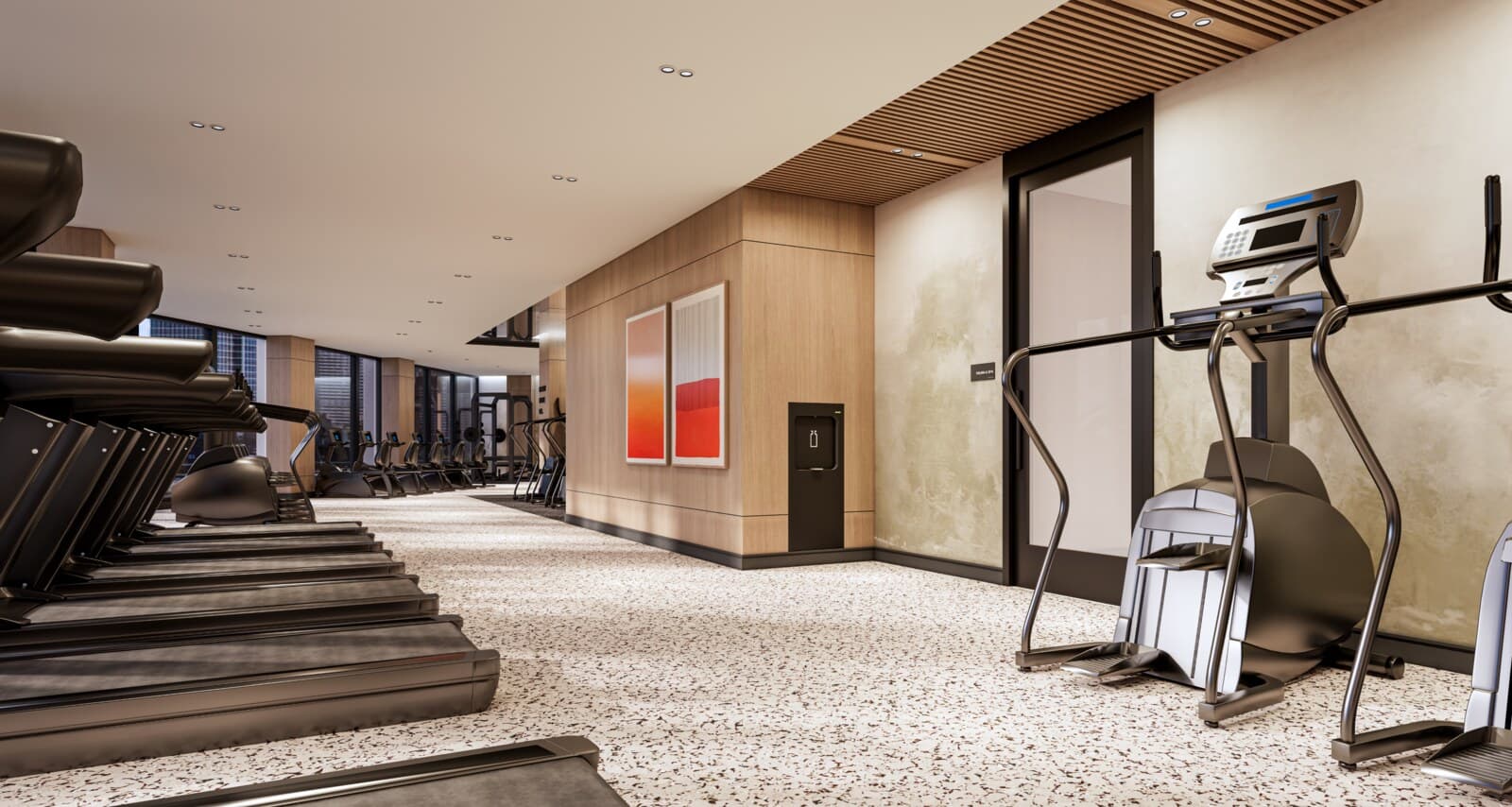 Fitness corridor with wall art